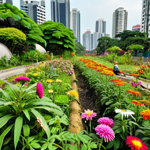 Home 16 A vibrant, thriving urban garden replacing a neglected, trash-filled lot in a Malaysian city. The scene is bursting with native Malaysian pollinator-friendly flowers like Bunga Raya, Kenanga, and various zinnias and chrysanthemums. Bees and colorful butterflies are actively flitting among the blossoms. The background shows modern city buildings, emphasizing the "concrete jungle" transformed into a "green paradise." Dynamic natural lighting, high detail, optimistic mood.