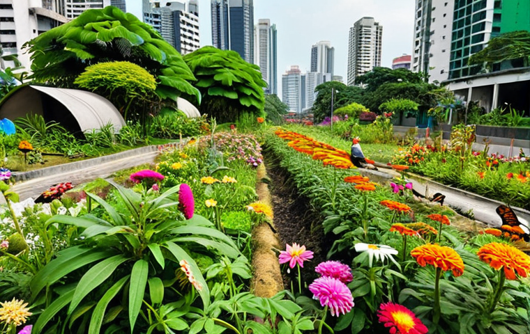 A vibrant, thriving urban garden replacing a neglected, trash-filled lot in a Malaysian city. The scene is bursting with native Malaysian pollinator-friendly flowers like Bunga Raya, Kenanga, and various zinnias and chrysanthemums. Bees and colorful butterflies are actively flitting among the blossoms. The background shows modern city buildings, emphasizing the "concrete jungle" transformed into a "green paradise." Dynamic natural lighting, high detail, optimistic mood.