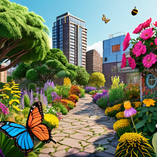 Home 15 **
A vibrant, diverse city garden filled with colorful blooming flowers, bees, butterflies, and other pollinators, showcasing a healthy urban ecosystem.
**