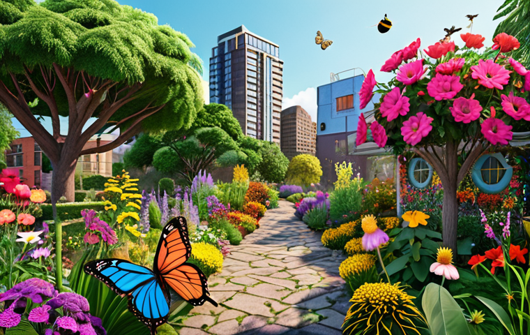 **
A vibrant, diverse city garden filled with colorful blooming flowers, bees, butterflies, and other pollinators, showcasing a healthy urban ecosystem.
**
