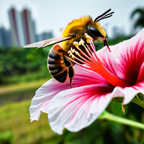 Home 8 A close-up, macro shot of a single, small honeybee, appearing slightly disoriented, resting on a wilting, indigenous Malaysian Hibiscus flower. The background is softly blurred, subtly revealing hints of distant modern urban development and large-scale mono-crop plantations, signifying habitat encroachment. The scene is illuminated by natural, soft daylight, conveying a sense of environmental challenge. The image should feature perfect bee anatomy, correct proportions, and a natural pose, rendered with professional photography quality. This is a safe for work, appropriate content, family-friendly depiction, showcasing the urgent need for pollinator conservation.
