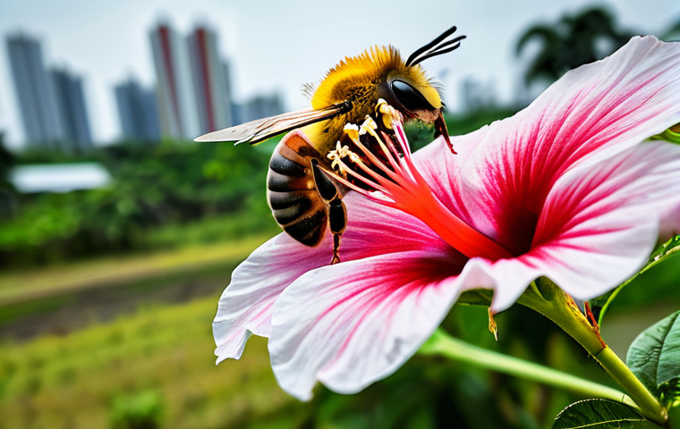A close-up, macro shot of a single, small honeybee, appearing slightly disoriented, resting on a wilting, indigenous Malaysian Hibiscus flower. The background is softly blurred, subtly revealing hints of distant modern urban development and large-scale mono-crop plantations, signifying habitat encroachment. The scene is illuminated by natural, soft daylight, conveying a sense of environmental challenge. The image should feature perfect bee anatomy, correct proportions, and a natural pose, rendered with professional photography quality. This is a safe for work, appropriate content, family-friendly depiction, showcasing the urgent need for pollinator conservation.